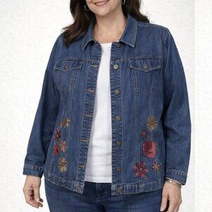 Denim & CO Jean Jacket 1X Blue Embroidered Flowers Long Sleeve Metal Button